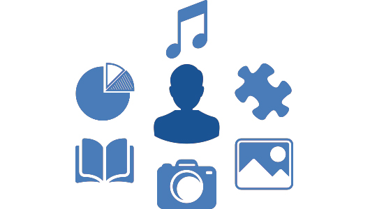 icons: music note, puzzle piece, image, camera, book, graph