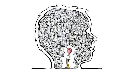 cartoon. Man standing in a head filled with thousands of documents