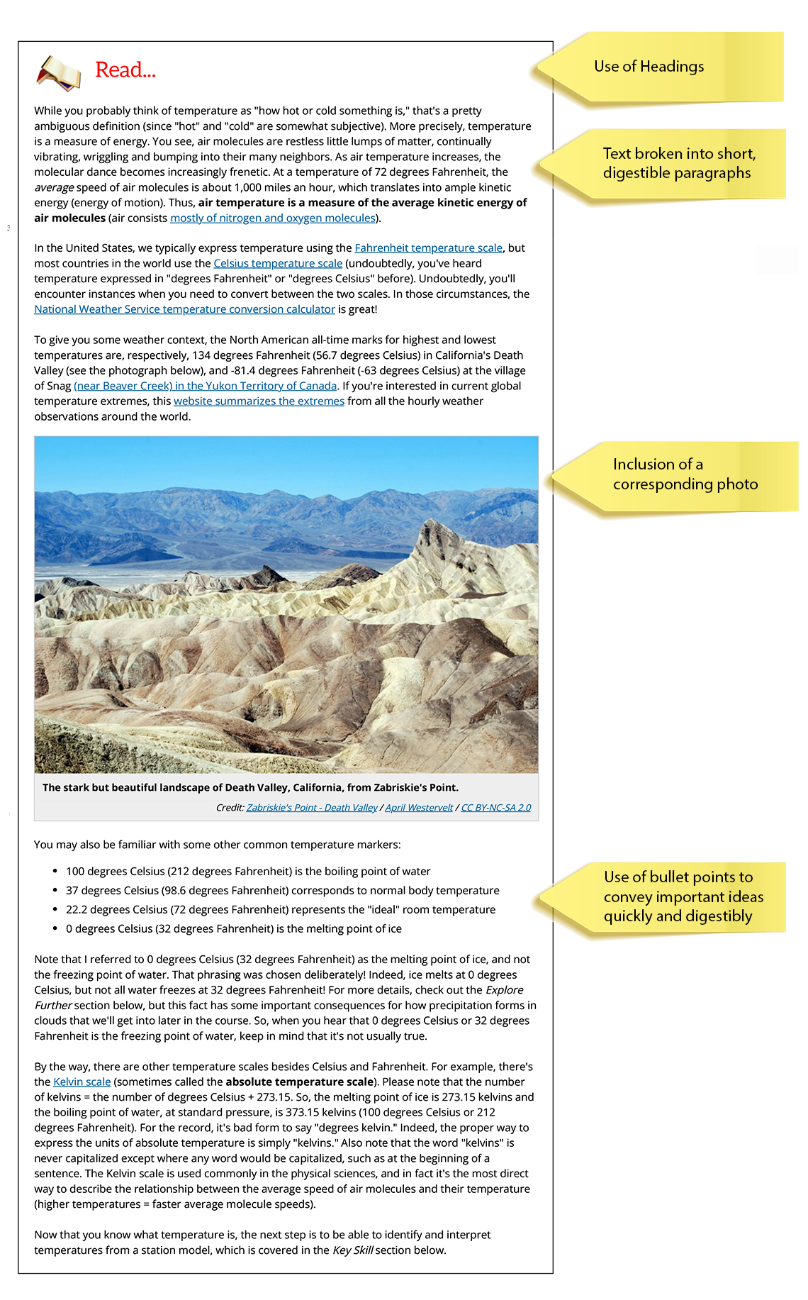 Page of lesson content using headings, short paragraphs, images, and bulleted lists