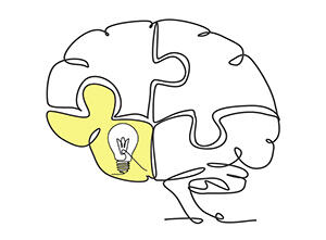 line drawing of a brain with a lightbulb in it