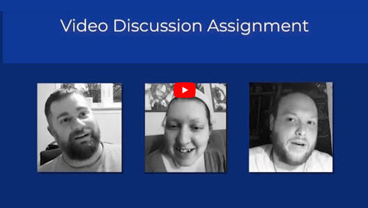 screenshot of a video discussion with pictures of three people 