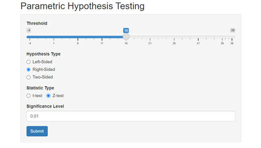 Screenshot of a Parametric Hypothesis Testing tool