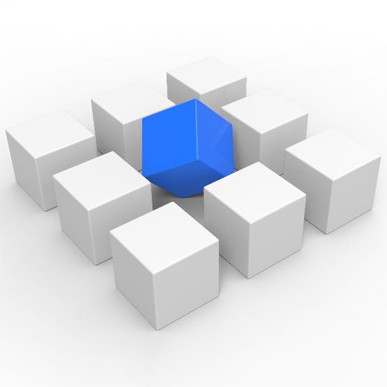 decorative image. fitting a blue block in the center of a 3 x 3 grid of white blocks