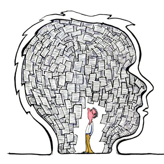 Cartoon. Man standing in a head filled with thousands of documents