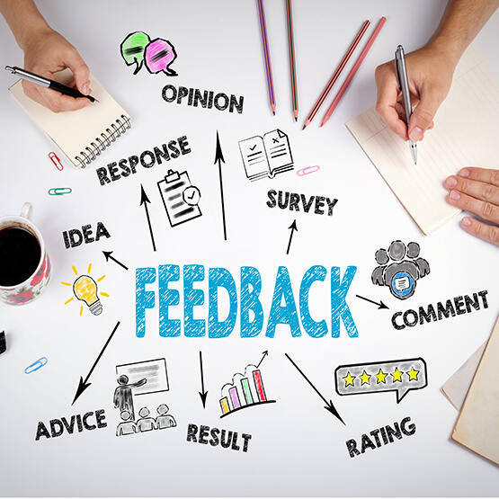 Feedback = idea, response, opinion, survey, comment, rating, result, advice